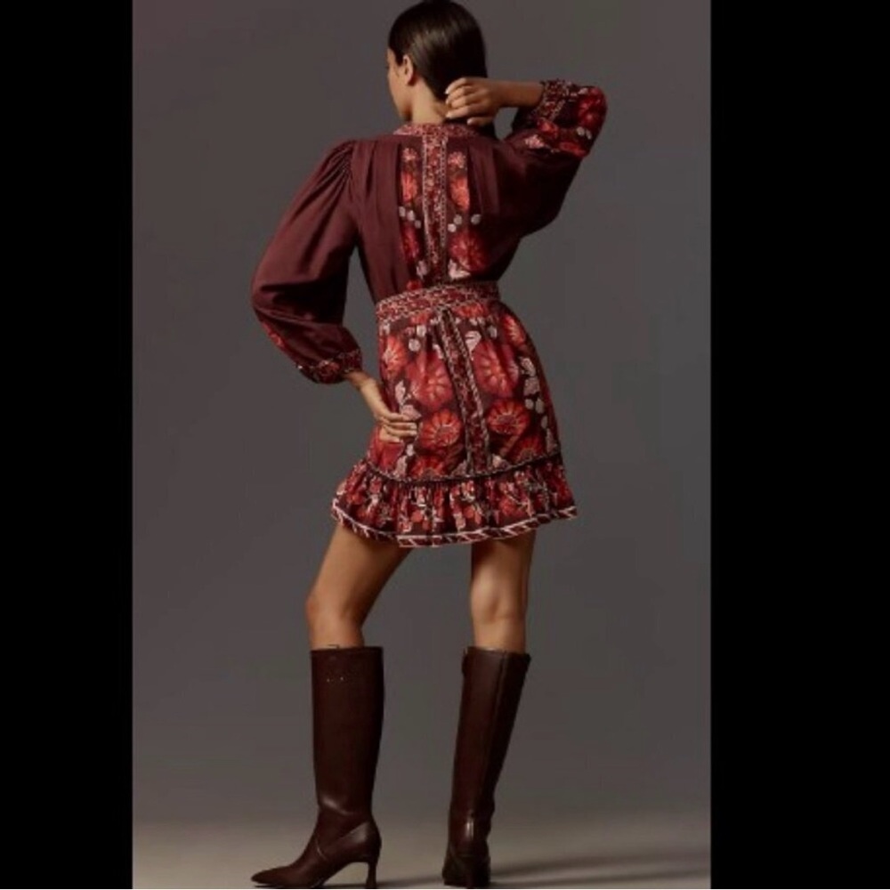 FARM Rio Burgundy Floral Mini Dress with Red and Pink Accents - Picture 2 of 7